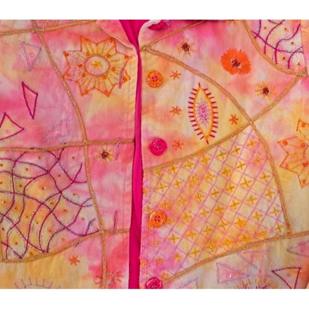 Keren Hart Denim Jacket Size S Pink Yellow Tie Dye Abstract Art Colorful Casual - Picture 9 of 9